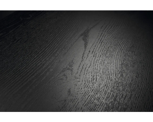 Nahaufnahme einer schwarzen Holzstruktur mit ausgeprägter Maserung für Bodenbeläge oder Möbelplatten.