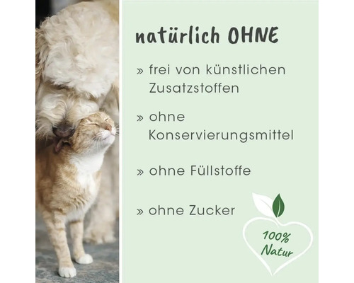 Hund und Katze mit Text zu Tiernahrung ohne künstliche Zusatzstoffe, Konservierungsmittel, Füllstoffe und Zucker. 100 Prozent Natur.