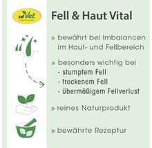 cdVet Logo und Infografik zu Fell und Haut Vital, hilft bei Hautproblemen und Fellverlust von Tieren, reines Naturprodukt mit bewährter Rezeptur.