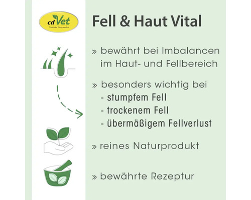 cdVet Logo und Infografik zu Fell und Haut Vital, hilft bei Hautproblemen und Fellverlust von Tieren, reines Naturprodukt mit bewährter Rezeptur.