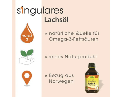 Singulares Lachsöl von cdVet, natürliche Quelle für Omega 3 Fettsäuren, reines Naturprodukt aus Norwegen.