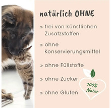 Hund und Katze neben Text über natürliche Tiernahrung ohne künstliche Zusatzstoffe, Konservierungsmittel, Füllstoffe, Zucker und Gluten.