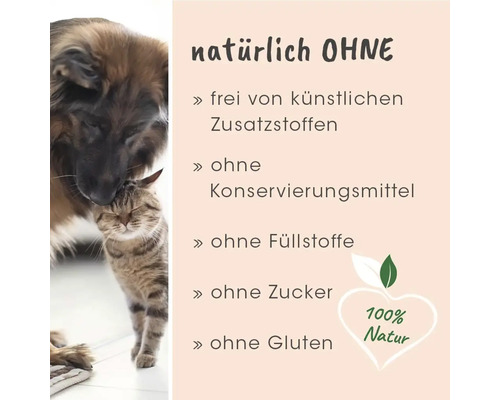 Hund und Katze neben Text über natürliche Tiernahrung ohne künstliche Zusatzstoffe, Konservierungsmittel, Füllstoffe, Zucker und Gluten.