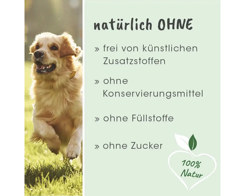 Rennender Hund mit Informationen: Frei von künstlichen Zusatzstoffen, Konservierungsmitteln, Füllstoffen und Zucker. 100 Prozent Natur Siegel.