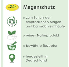 cdVet Logo. Magenschutz für Magen- und Darmschleimhäute. Reines Naturprodukt mit bewährter Rezeptur, hergestellt in Deutschland.