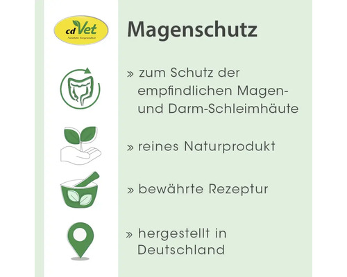 cdVet Logo. Magenschutz für Magen- und Darmschleimhäute. Reines Naturprodukt mit bewährter Rezeptur, hergestellt in Deutschland.