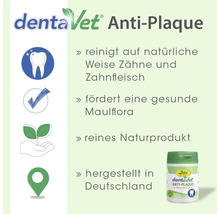 dentaVet Logo. dentaVet Anti-Plaque reinigt Zähne natürlich, fördert gesunde Maulflora, reines Naturprodukt, hergestellt in Deutschland.
