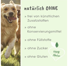 Hundefutter-Infos: Natürlich ohne künstliche Zusatzstoffe, Konservierungsmittel, Füllstoffe, Zucker und Gluten. 100 Prozent Natur Siegel.