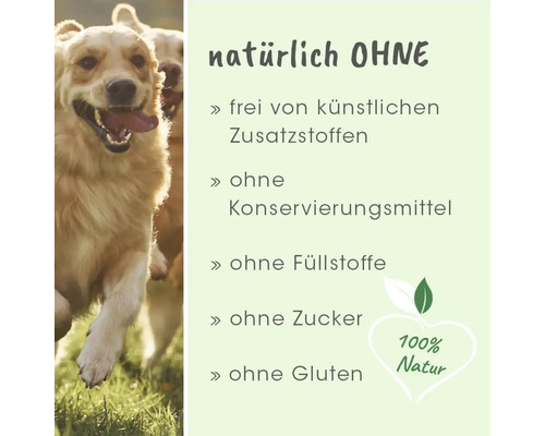Hundefutter-Infos: Natürlich ohne künstliche Zusatzstoffe, Konservierungsmittel, Füllstoffe, Zucker und Gluten. 100 Prozent Natur Siegel.