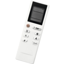 Weiße Fernbedienung für Klimageräte mit Display, Temperaturwahl, Timer, Gebläsefunktion und Umschaltung zwischen Grad Celsius und Grad Fahrenheit.
