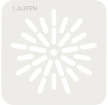 Laufen Logo und quadratische Ablaufabdeckung mit strahlenförmig angeordneten Schlitzen.