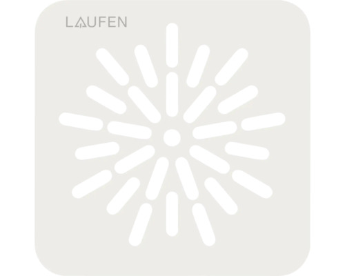 Laufen Logo und quadratische Ablaufabdeckung mit strahlenförmig angeordneten Schlitzen.