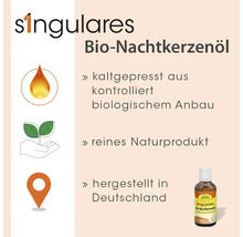 singulares Logo, biologisches Nachtkerzenöl, kaltgepresst aus biologischem Anbau, reines Naturprodukt, hergestellt in Deutschland.