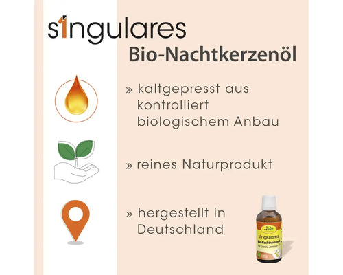 singulares Logo, biologisches Nachtkerzenöl, kaltgepresst aus biologischem Anbau, reines Naturprodukt, hergestellt in Deutschland.