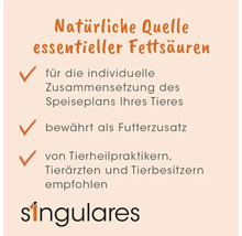 Infografik zu einer natürlichen Quelle essentieller Fettsäuren, bewährt als Futterzusatz und empfohlen von Tierfachleuten. Singulares Logo.