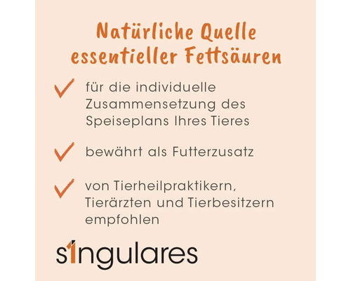 Infografik zu einer natürlichen Quelle essentieller Fettsäuren, bewährt als Futterzusatz und empfohlen von Tierfachleuten. Singulares Logo.