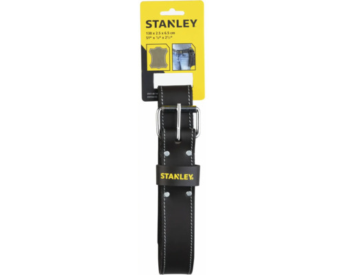 Stanley Werkzeuggürtel aus Leder mit Metallschnalle, Kontrastnähten und Nieten, 130 Zentimeter Länge, Stanley Logo.
