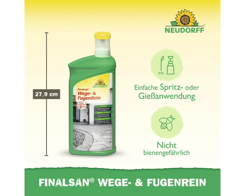Neudorff Logo. Finalsan Wege- und Fugenreiniger in grüner Flasche, Höhe 27,9 Zentimeter. Für Spritz- und Gießanwendung, nicht bienengefährlich.