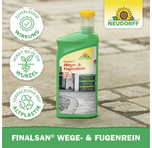 Neudorff Finalsan Wege- und FugenRein auf Pflastersteinen mit Symbolen für zuverlässige Wirkung, Wurzelwirkung, Recycling und Neudorff Logo.