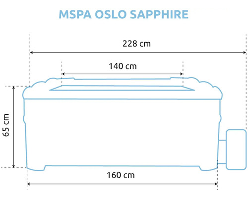 Whirlpool MSPA Oslo Sapphire Abmessungen: Breite 160 Zentimeter, Gesamtbreite 228 Zentimeter, Innenbreite 140 Zentimeter, Höhe 65 Zentimeter.