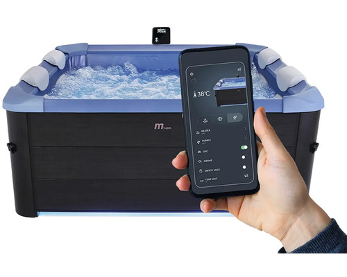 Aufblasbarer Whirlpool mit App-Steuerung per Smartphone, dunkle Außenverkleidung, sprudelndes Wasser, Kopfstützen und Anzeige von 38 Grad Celsius.