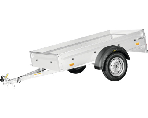 Einachsiger Pkw-Anhänger aus Metall mit Bordwänden und Kotflügeln über den Reifen.