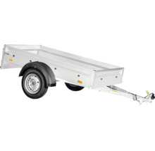 Anhänger für Personenkraftwagen mit offenem Kasten, Einachser, Bordwände aus Metall und Kunststoff-Kotflügel.