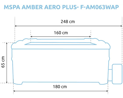 MSpa Whirlpool Amber Aero Plus F-AM063WAP: Außenbreite 180, Innenbreite 160, Gesamtbreite 248 und Höhe 65 Zentimeter.