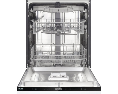 Offener PKM Einbau-Geschirrspüler mit drei Metallkörben und digitalem Bedienfeld an der Türoberseite.
