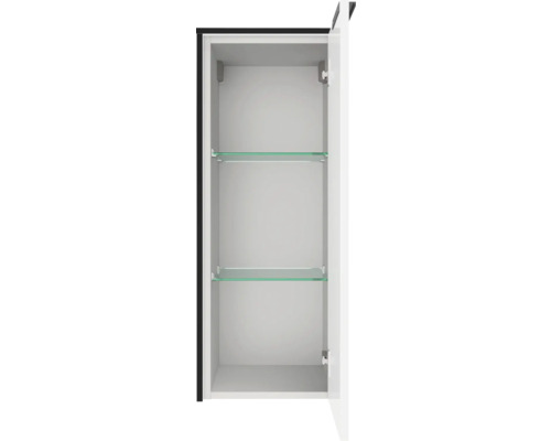 Offener Hochschrank mit zwei Glaseinlegeböden und weißem Innenraum.