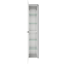 Hoher Badezimmerschrank mit geöffneter Tür, vier Glaseinlegeböden und einem festen Regalboden.