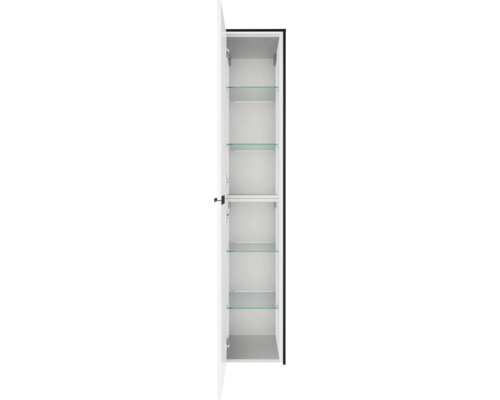Hoher Badezimmerschrank mit geöffneter Tür, vier Glaseinlegeböden und einem festen Regalboden.