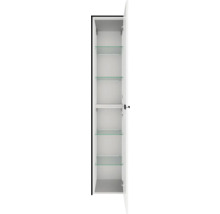 Weißer Badezimmer-Hochschrank mit geöffneter Tür und vier Einlegeböden aus Glas.
