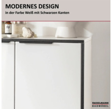 Fackelmann Badmöbel in modernem Design, weiße Front mit schwarzen Kanten und schwarzem Griff. Fackelmann Logo.
