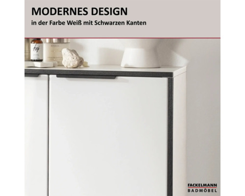 Fackelmann Badmöbel in modernem Design, weiße Front mit schwarzen Kanten und schwarzem Griff. Fackelmann Logo.