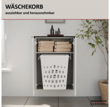 Ausziehbarer und herausnehmbarer Wäschekorb integriert in einem Badezimmerschrank mit Handtuchablage. Fackelmann Badmöbel Logo.