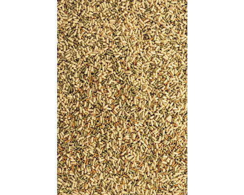 Fischfutter in Pelletform in verschiedenen Farben.