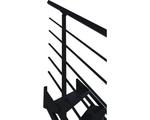 Treppengeländer aus schwarzem Metall mit flachem Handlauf und horizontalen Stäben.