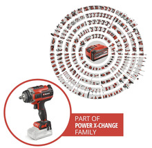 Einhell Akku-Schlagschrauber als Teil der Power X-Change Familie mit einer Übersicht vieler kompatibler Werkzeuge und Gartengeräte.
