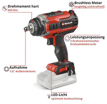 Einhell Professional Akku-Schlagschrauber: bürstenloser Motor, 450 Newtonmeter Drehmoment, 3 Stufen, LED-Licht und 1/2 Zoll Außenvierkant.