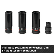 Schlagschrauber-Steckschlüssel-Set für den Reifenwechsel in den Größen 17, 19 und 21 sowie ein Bit-Adapter zum Schrauben.