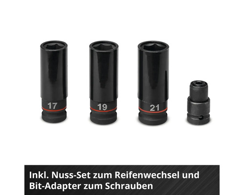 Schlagschrauber-Steckschlüssel-Set für den Reifenwechsel in den Größen 17, 19 und 21 sowie ein Bit-Adapter zum Schrauben.