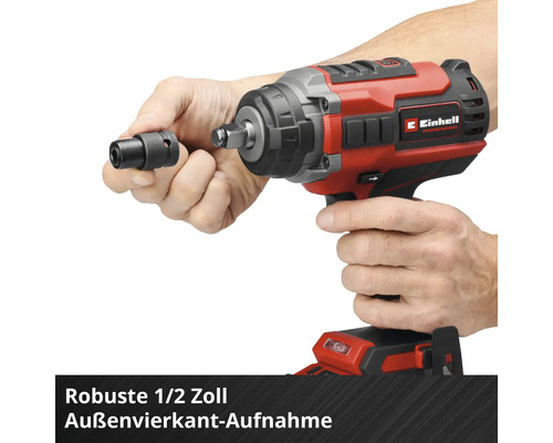 Einhell Akku-Schlagschrauber mit robuster 1/2 Zoll Außenvierkant-Aufnahme für verschiedene Einsätze.