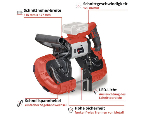 Einhell Akku-Bandsäge mit 115 mal 127 Millimeter Schnittleistung, 120 Meter pro Minute, Schnellspannhebel, LED-Licht und funkenfreiem Trennen von Metall.