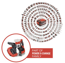 Einhell Akku-Bandsäge als Teil der Power X-Change Familie mit einer Übersicht zahlreicher kompatibler Werkzeuge und Gartengeräte.