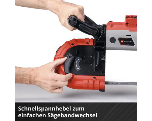 Einhell Bandsäge mit Schnellspannhebel zum einfachen Wechseln des Sägebandes.