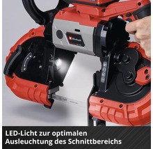 Einhell Akku-Bandsäge mit integriertem LED-Licht zur optimalen Ausleuchtung des Schnittbereichs.