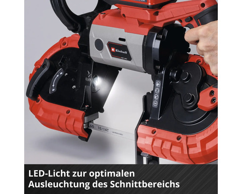 Einhell Akku-Bandsäge mit integriertem LED-Licht zur optimalen Ausleuchtung des Schnittbereichs.