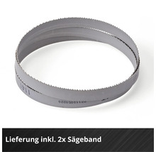 Zwei ringförmig aufgewickelte Sägebänder aus Metall mit gezackter Kante für Bandsägen.