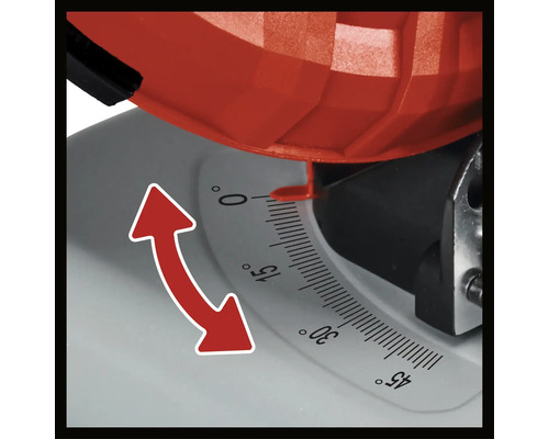 Winkelanzeige von null bis 45 Grad an einer Säge mit rotem Zeiger und rotem Pfeil für die Verstellmöglichkeit.
